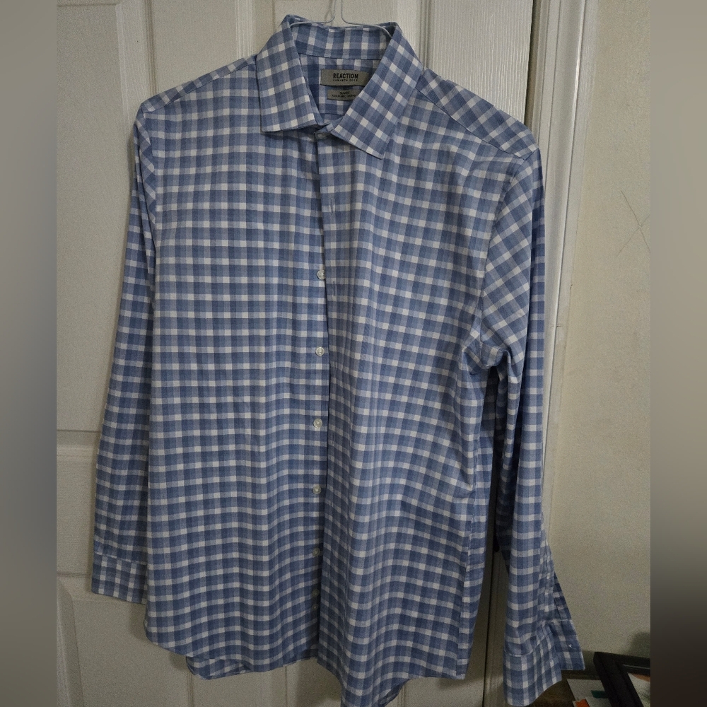 Men's Kenneth Cole Reaction Blue Checkered Button Down Collard Shirt Slim Fit